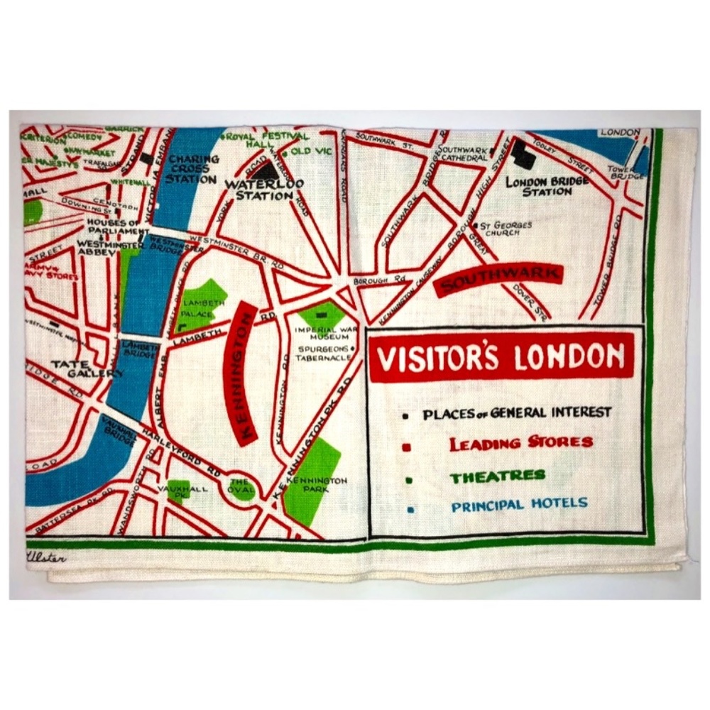 ULSTER Visitor’s London Map Souvenir Irish Linen Tea Towel Mid-Century Vintage